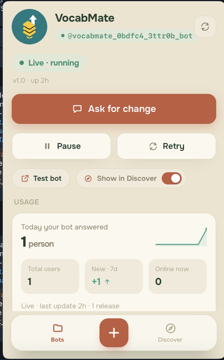 Agent Platform dashboard for a live Telegram bot